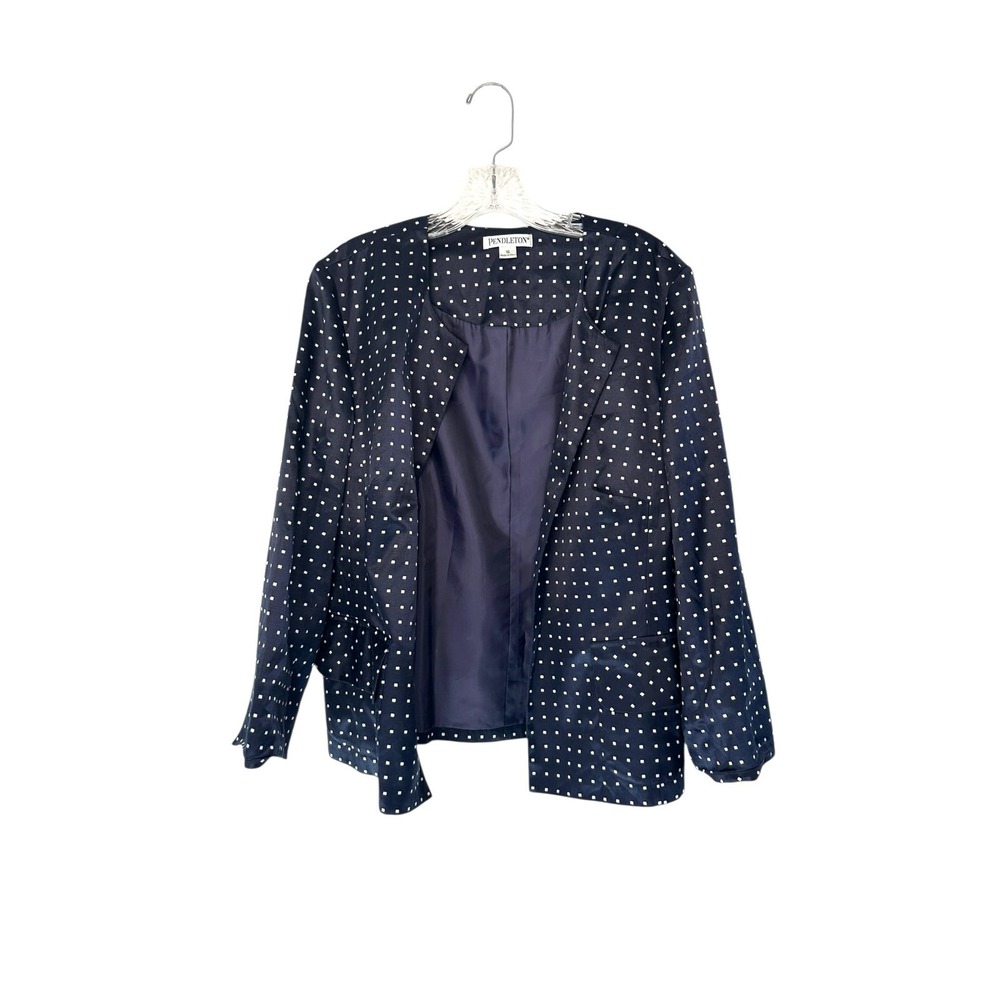 Pendleton Navy Blue White Square Polka Dot Open Front Blazer Jacket Size 16
